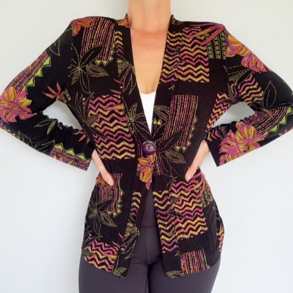Vintage Travel Collection black neon tropical print knit stretch jacket medium